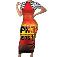 Papua New Guinea 50th Independence Day Short Sleeve Bodycon Dress One People One Nation One PNG LT05 Long Dress Yellow - Polynesian Pride