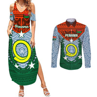 Vanuatu Penama Province Couples Matching Summer Maxi Dress and Long Sleeve Button Shirts Vanuatuan Coat Of Arms Polynesian Pattern LT05 Green - Polynesian Pride