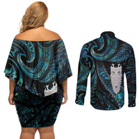 New Zealand Aotearoa Couples Matching Off Shoulder Short Dress and Long Sleeve Button Shirt Maori Tane Te Waiora Paua Shell Glitter Turquoise LT05 - Polynesian Pride