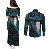New Zealand Aotearoa Couples Matching Puletasi and Long Sleeve Button Shirt Maori Tane Te Waiora Paua Shell Glitter Turquoise LT05 - Polynesian Pride