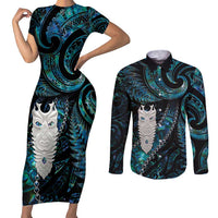 New Zealand Aotearoa Couples Matching Short Sleeve Bodycon Dress and Long Sleeve Button Shirt Maori Tane Te Waiora Paua Shell Glitter Turquoise LT05 Turquoise - Polynesian Pride