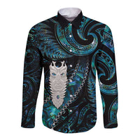 New Zealand Aotearoa Long Sleeve Button Shirt Maori Tane Te Waiora Paua Shell Glitter Turquoise LT05 Unisex Turquoise - Polynesian Pride