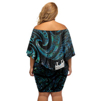 New Zealand Aotearoa Off Shoulder Short Dress Maori Tane Te Waiora Paua Shell Glitter Turquoise LT05 - Polynesian Pride