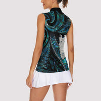 New Zealand Aotearoa Women Sleeveless Polo Shirt Maori Tane Te Waiora Paua Shell Glitter Turquoise LT05 - Polynesian Pride