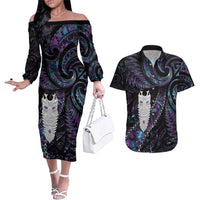 New Zealand Aotearoa Couples Matching Off The Shoulder Long Sleeve Dress and Hawaiian Shirt Maori Tane Te Waiora Paua Shell Glitter Purple LT05 Purple - Polynesian Pride