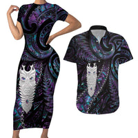 New Zealand Aotearoa Couples Matching Short Sleeve Bodycon Dress and Hawaiian Shirt Maori Tane Te Waiora Paua Shell Glitter Purple LT05 Purple - Polynesian Pride