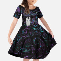 New Zealand Aotearoa Family Matching Off Shoulder Maxi Dress and Hawaiian Shirt Maori Tane Te Waiora Paua Shell Glitter Purple LT05 Daughter's Dress Purple - Polynesian Pride