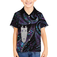 New Zealand Aotearoa Family Matching Off Shoulder Maxi Dress and Hawaiian Shirt Maori Tane Te Waiora Paua Shell Glitter Purple LT05 Son's Shirt Purple - Polynesian Pride
