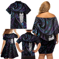 New Zealand Aotearoa Family Matching Off Shoulder Short Dress and Hawaiian Shirt Maori Tane Te Waiora Paua Shell Glitter Purple LT05 - Polynesian Pride