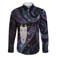 New Zealand Aotearoa Family Matching Short Sleeve Bodycon Dress and Hawaiian Shirt Maori Tane Te Waiora Paua Shell Glitter Purple LT05 Dad's Shirt - Long Sleeve Purple - Polynesian Pride