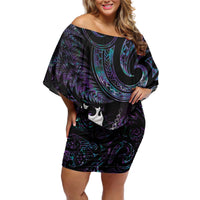 New Zealand Aotearoa Off Shoulder Short Dress Maori Tane Te Waiora Paua Shell Glitter Purple LT05 Women Purple - Polynesian Pride