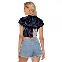 New Zealand Aotearoa Raglan Cropped T Shirt Maori Tane Te Waiora Paua Shell Glitter Purple LT05 - Polynesian Pride