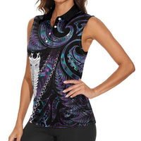 New Zealand Aotearoa Women Sleeveless Polo Shirt Maori Tane Te Waiora Paua Shell Glitter Purple LT05 - Polynesian Pride