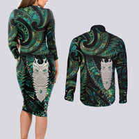 New Zealand Aotearoa Couples Matching Long Sleeve Bodycon Dress and Long Sleeve Button Shirt Maori Tane Te Waiora Paua Shell Glitter Green LT05 - Polynesian Pride