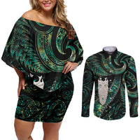 New Zealand Aotearoa Couples Matching Off Shoulder Short Dress and Long Sleeve Button Shirt Maori Tane Te Waiora Paua Shell Glitter Green LT05 Green - Polynesian Pride