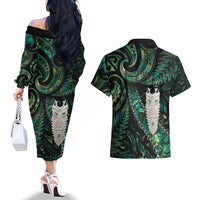 New Zealand Aotearoa Couples Matching Off The Shoulder Long Sleeve Dress and Hawaiian Shirt Maori Tane Te Waiora Paua Shell Glitter Green LT05 - Polynesian Pride