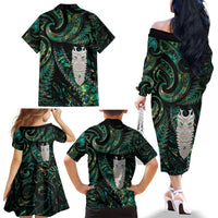 New Zealand Aotearoa Family Matching Off The Shoulder Long Sleeve Dress and Hawaiian Shirt Maori Tane Te Waiora Paua Shell Glitter Green LT05 - Polynesian Pride