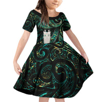 New Zealand Aotearoa Family Matching Off Shoulder Short Dress and Hawaiian Shirt Maori Tane Te Waiora Paua Shell Glitter Green LT05 Daughter's Dress Green - Polynesian Pride