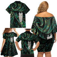 New Zealand Aotearoa Family Matching Off Shoulder Short Dress and Hawaiian Shirt Maori Tane Te Waiora Paua Shell Glitter Green LT05 - Polynesian Pride