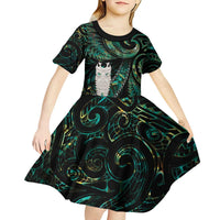 New Zealand Aotearoa Kid Short Sleeve Dress Maori Tane Te Waiora Paua Shell Glitter Green LT05 - Polynesian Pride