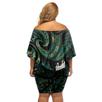 New Zealand Aotearoa Off Shoulder Short Dress Maori Tane Te Waiora Paua Shell Glitter Green LT05 - Polynesian Pride