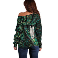 New Zealand Aotearoa Off Shoulder Sweater Maori Tane Te Waiora Paua Shell Glitter Green LT05 - Polynesian Pride