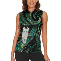 New Zealand Aotearoa Women Sleeveless Polo Shirt Maori Tane Te Waiora Paua Shell Glitter Green LT05 - Polynesian Pride