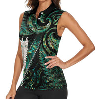 New Zealand Aotearoa Women Sleeveless Polo Shirt Maori Tane Te Waiora Paua Shell Glitter Green LT05 - Polynesian Pride