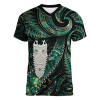 New Zealand Aotearoa Women V-Neck T-Shirt Maori Tane Te Waiora Paua Shell Glitter Green LT05 Female Green - Polynesian Pride