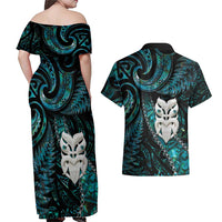 New Zealand Aotearoa Couples Matching Off Shoulder Maxi Dress and Hawaiian Shirt Maori Wheku Paua Shell Glitter Turquoise LT05 - Polynesian Pride