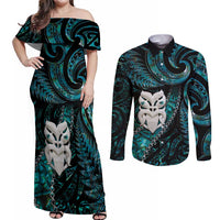 New Zealand Aotearoa Couples Matching Off Shoulder Maxi Dress and Long Sleeve Button Shirt Maori Wheku Paua Shell Glitter Turquoise LT05 Turquoise - Polynesian Pride