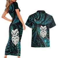 New Zealand Aotearoa Couples Matching Short Sleeve Bodycon Dress and Hawaiian Shirt Maori Wheku Paua Shell Glitter Turquoise LT05 - Polynesian Pride