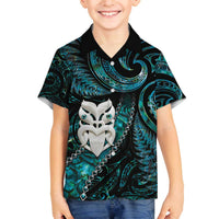New Zealand Aotearoa Family Matching Off Shoulder Short Dress and Hawaiian Shirt Maori Wheku Paua Shell Glitter Turquoise LT05 Son's Shirt Turquoise - Polynesian Pride