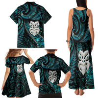 New Zealand Aotearoa Family Matching Tank Maxi Dress and Hawaiian Shirt Maori Wheku Paua Shell Glitter Turquoise LT05 - Polynesian Pride