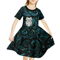 New Zealand Aotearoa Kid Short Sleeve Dress Maori Wheku Paua Shell Glitter Turquoise LT05 - Polynesian Pride