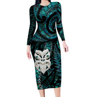 New Zealand Aotearoa Long Sleeve Bodycon Dress Maori Wheku Paua Shell Glitter Turquoise LT05 Long Dress Turquoise - Polynesian Pride