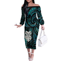New Zealand Aotearoa Off The Shoulder Long Sleeve Dress Maori Wheku Paua Shell Glitter Turquoise LT05 Women Turquoise - Polynesian Pride