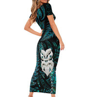 New Zealand Aotearoa Short Sleeve Bodycon Dress Maori Wheku Paua Shell Glitter Turquoise LT05 - Polynesian Pride