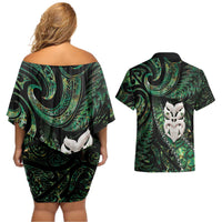 New Zealand Aotearoa Couples Matching Off Shoulder Short Dress and Hawaiian Shirt Maori Wheku Paua Shell Glitter Green LT05 - Polynesian Pride