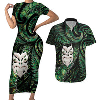 New Zealand Aotearoa Couples Matching Short Sleeve Bodycon Dress and Hawaiian Shirt Maori Wheku Paua Shell Glitter Green LT05 Green - Polynesian Pride
