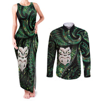 New Zealand Aotearoa Couples Matching Tank Maxi Dress and Long Sleeve Button Shirt Maori Wheku Paua Shell Glitter Green LT05 Green - Polynesian Pride