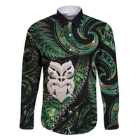 New Zealand Aotearoa Family Matching Off Shoulder Maxi Dress and Hawaiian Shirt Maori Wheku Paua Shell Glitter Green LT05 Dad's Shirt - Long Sleeve Green - Polynesian Pride