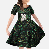 New Zealand Aotearoa Family Matching Puletasi and Hawaiian Shirt Maori Wheku Paua Shell Glitter Green LT05 Daughter's Dress Green - Polynesian Pride