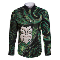 New Zealand Aotearoa Family Matching Short Sleeve Bodycon Dress and Hawaiian Shirt Maori Wheku Paua Shell Glitter Green LT05 Dad's Shirt - Long Sleeve Green - Polynesian Pride