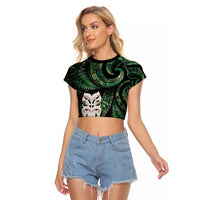 New Zealand Aotearoa Raglan Cropped T Shirt Maori Wheku Paua Shell Glitter Green LT05 Female Green - Polynesian Pride