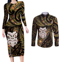 New Zealand Aotearoa Couples Matching Long Sleeve Bodycon Dress and Long Sleeve Button Shirt Maori Wheku Paua Shell Glitter Gold LT05 Gold - Polynesian Pride