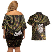 New Zealand Aotearoa Couples Matching Off Shoulder Short Dress and Hawaiian Shirt Maori Wheku Paua Shell Glitter Gold LT05 - Polynesian Pride