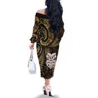 New Zealand Aotearoa Family Matching Off The Shoulder Long Sleeve Dress and Hawaiian Shirt Maori Wheku Paua Shell Glitter Gold LT05 - Polynesian Pride