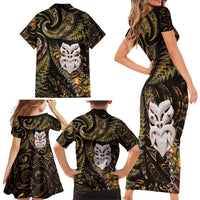 New Zealand Aotearoa Family Matching Short Sleeve Bodycon Dress and Hawaiian Shirt Maori Wheku Paua Shell Glitter Gold LT05 - Polynesian Pride