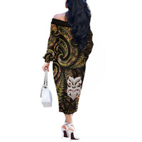 New Zealand Aotearoa Off The Shoulder Long Sleeve Dress Maori Wheku Paua Shell Glitter Gold LT05 - Polynesian Pride